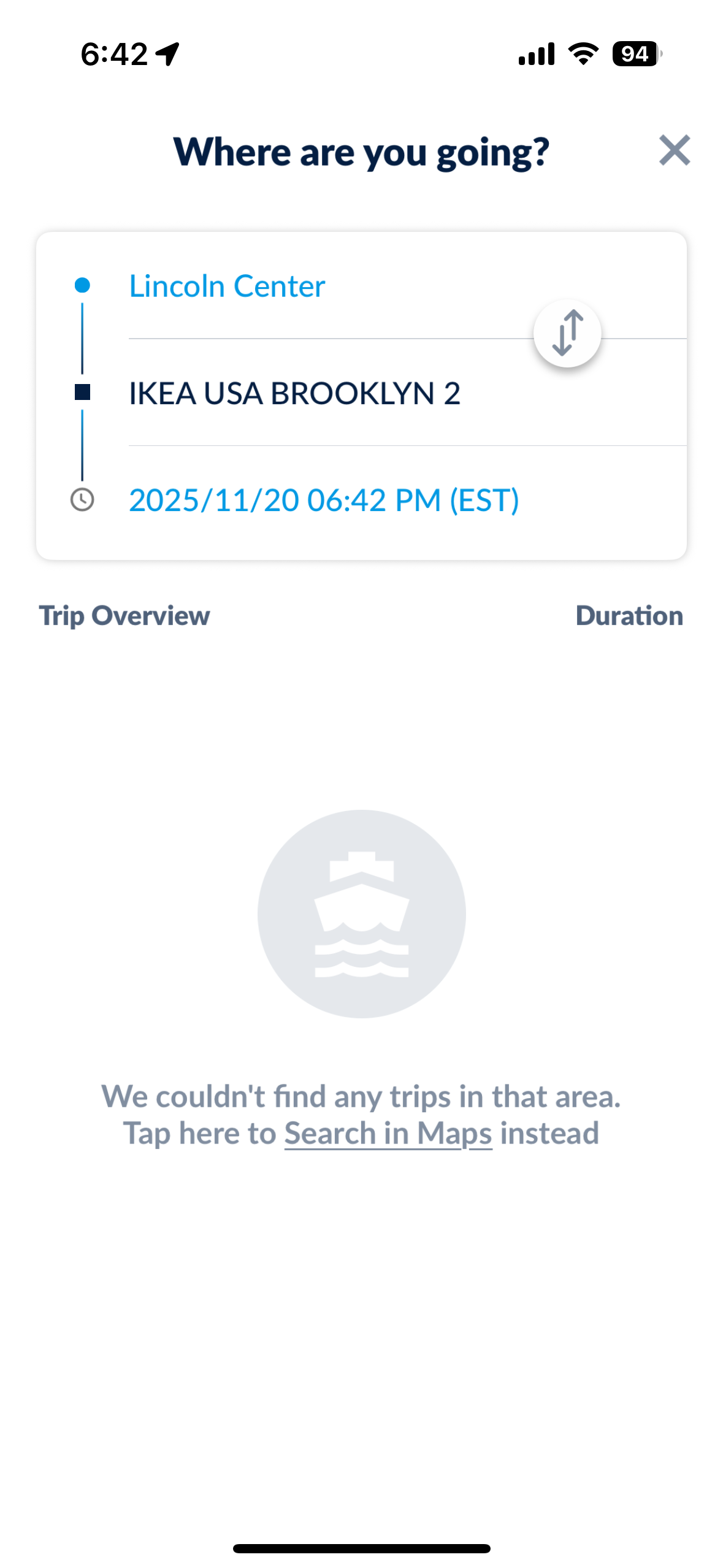NYC Ferry app — no trips found, Lincoln Center to IKEA Brooklyn